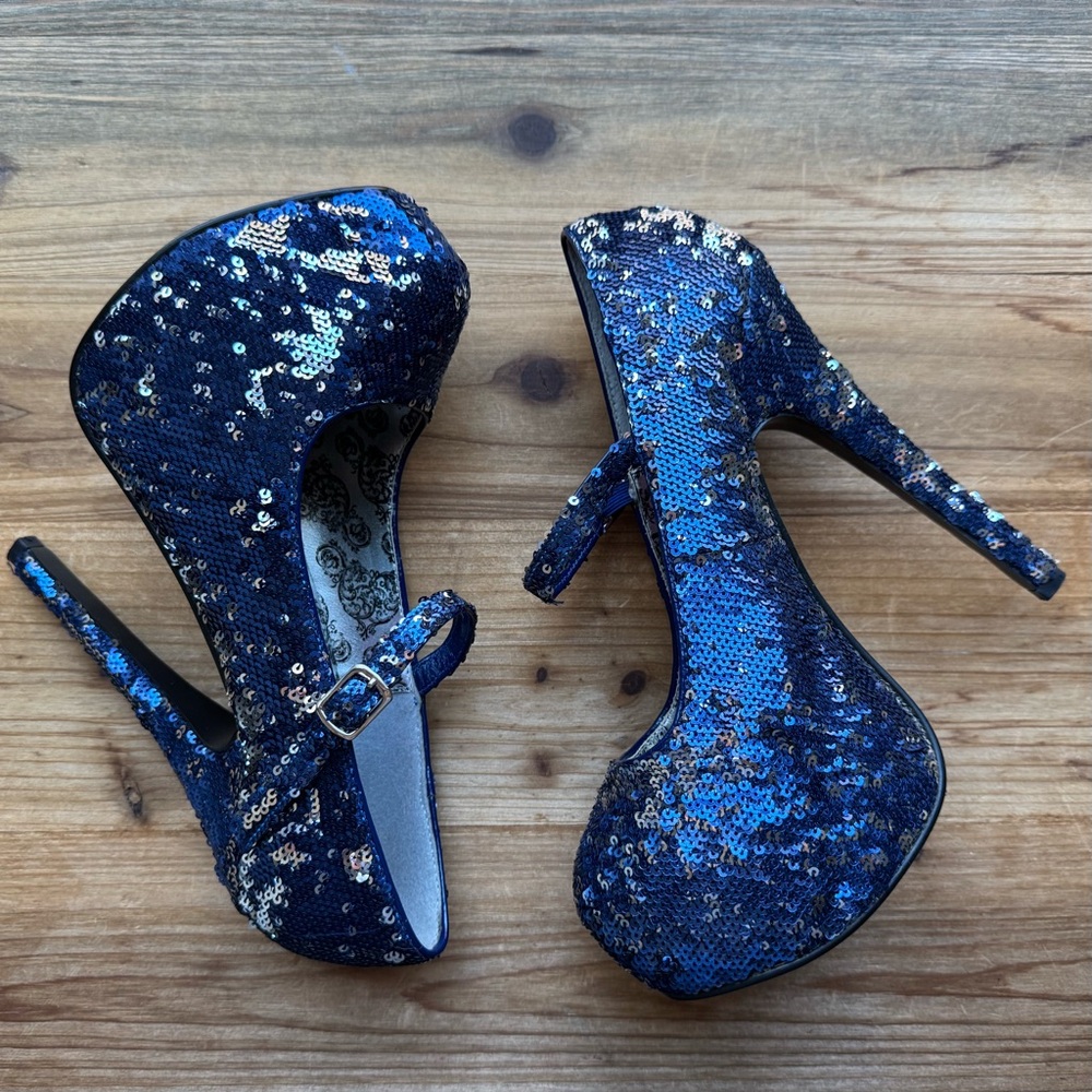 BORDELLO Blue Sequins High Heels Dress Shoes 6 Mermaidcore Glam